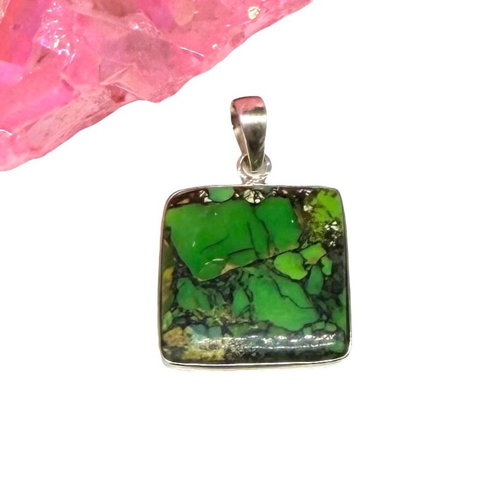 Green Matrix Mohave Turquoise Necklace Pendant Solid 925 Sterling Silver Square